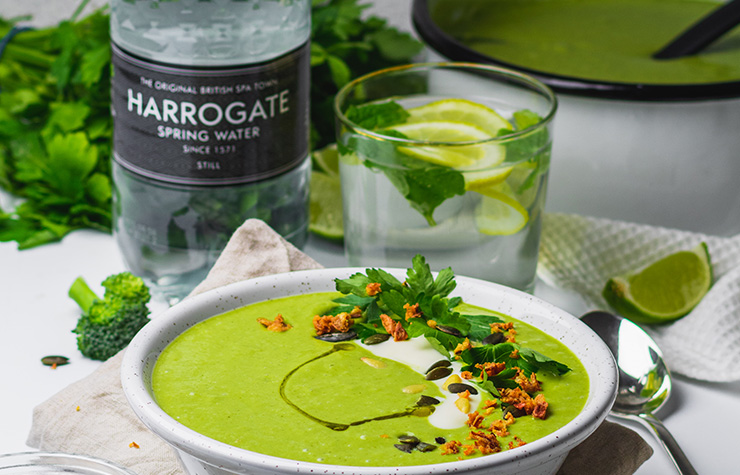 vegan broccoli curry soup with glass of harrogate spring water